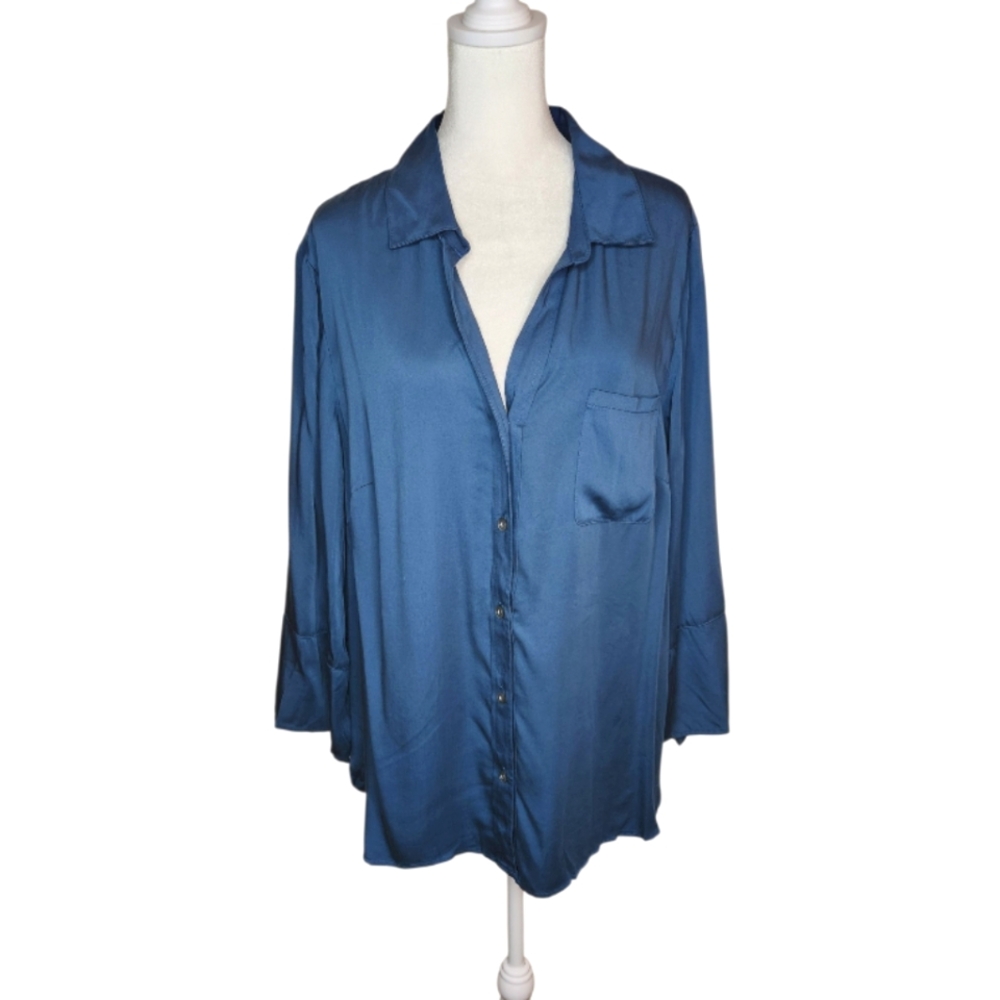 NEW J Jill Teal Button Front Blouse 3/4 Flared Sleeves Size XL